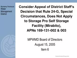 MPWMD Board of Directors August 15, 2005 Item 6