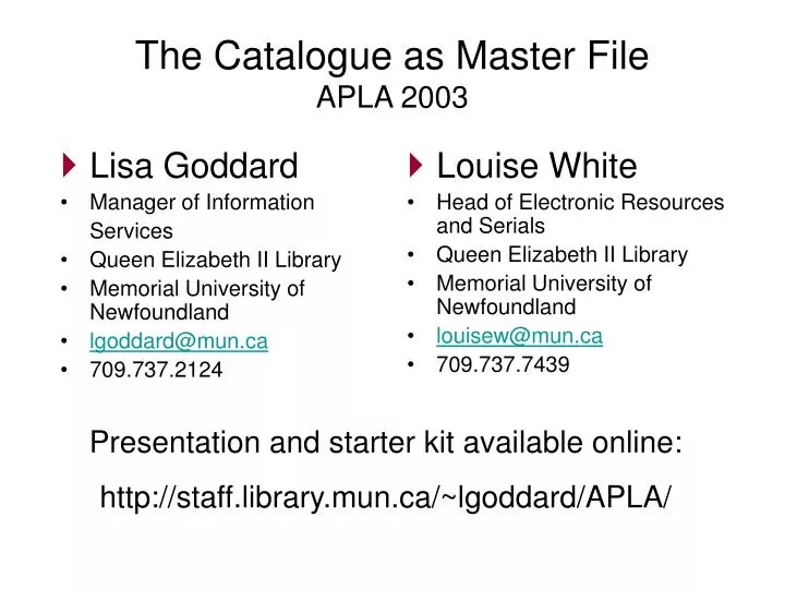 the catalogue as master file apla 2003