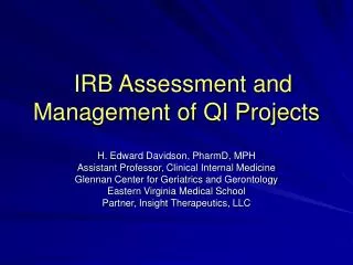 IRB Assessment and Management of QI Projects