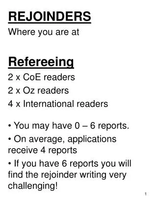 REJOINDERS Where you are at Refereeing 2 x CoE readers 2 x Oz readers 4 x International readers
