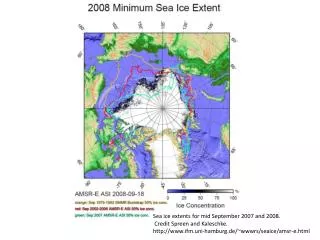 Sea ice extents for mid September 2007 and 2008. Credit Spreen and Kaleschke.