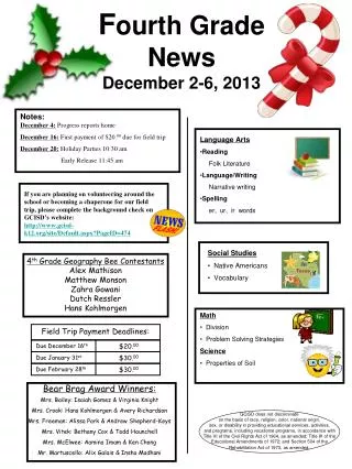 F ourth Grade News December 2-6, 2013