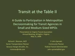 Transit at the Table II