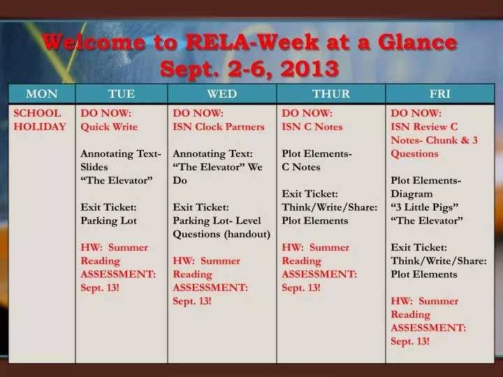 welcome to rela week at a glance sept 2 6 2013