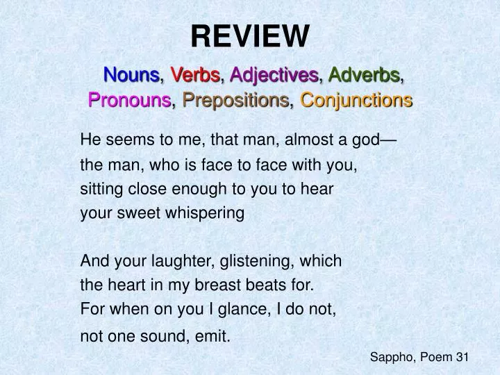 review nouns verbs adjectives adverbs pronouns prepositions conjunctions
