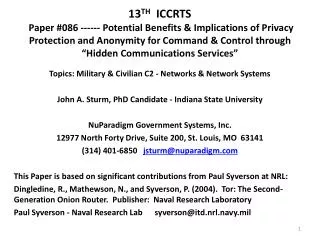 Topics: Military &amp; Civilian C2 - Networks &amp; Network Systems