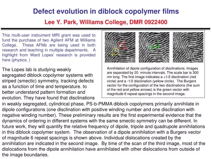 defect evolution in diblock copolymer films lee y park williams college dmr 0922400
