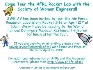 Come Tour the AFRL Rocket Lab with the Society of Women Engineers!!