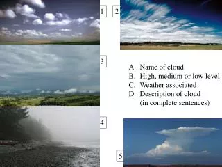 Name of cloud High, medium or low level Weather associated Description of cloud