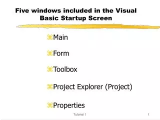 Five windows included in the Visual Basic Startup Screen