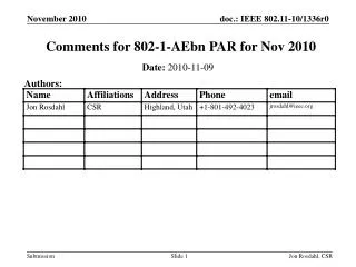 Comments for 802-1-AEbn PAR for Nov 2010