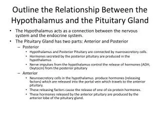 Outline the Relationship Between the Hypothalamus and the Pituitary Gland