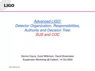 Advanced LIGO: Detector Organization, Responsibilities, Authority and Decision Tree : SUS and COC