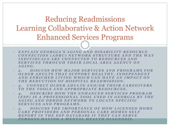 reducing readmissions learning collaborative action network enhanced services programs