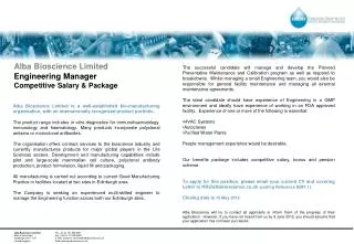 Alba Bioscience Limited Engineering Manager Competitive Salary &amp; Package