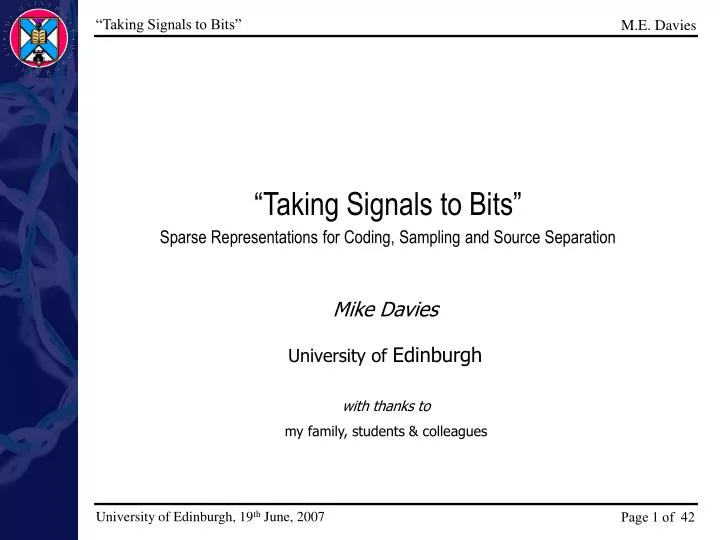 taking signals to bits sparse representations for coding sampling and source separation