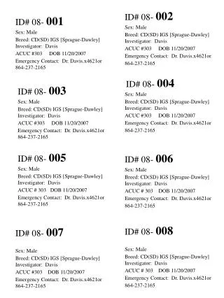ID# 08- 001 Sex: Male Breed: CD(SD) IGS [Sprague-Dawley] Investigator: Davis