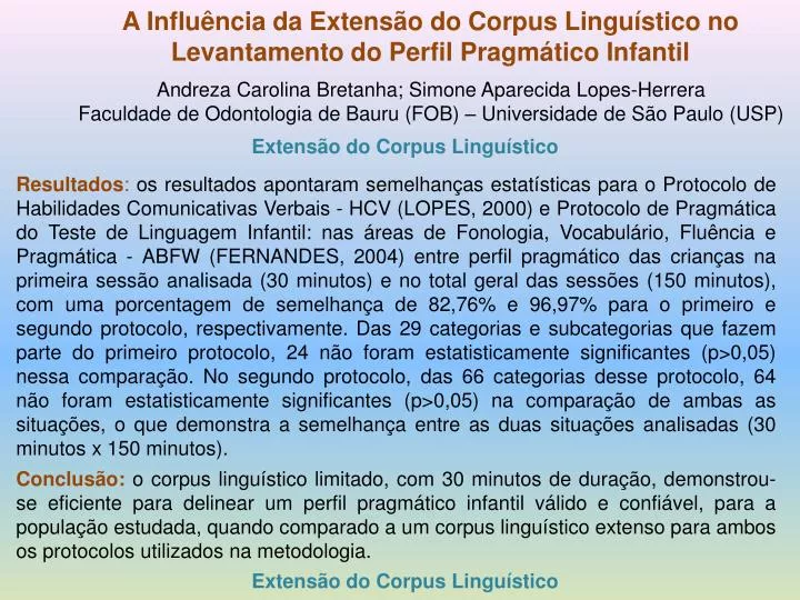 a influ ncia da extens o do corpus lingu stico no levantamento do perfil pragm tico infantil