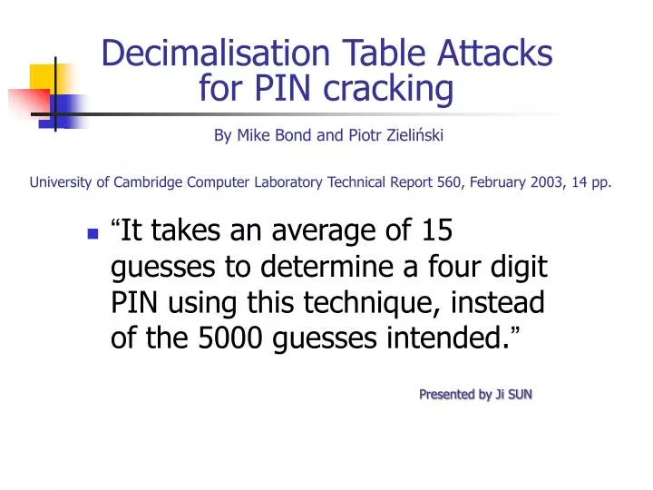 decimalisation table attacks for pin cracking