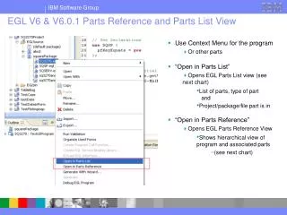 EGL V6 &amp; V6.0.1 Parts Reference and Parts List View