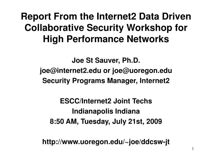 report from the internet2 data driven collaborative security workshop for high performance networks