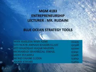 MGM 4183 ENTREPRENEURSHIP LECTURER : MR. RUDAINI BLUE OCEAN STRATEGY TOOLS