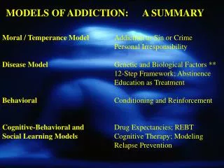 Moral / Temperance Model 		Addiction as Sin or Crime 					Personal Irresponsibility