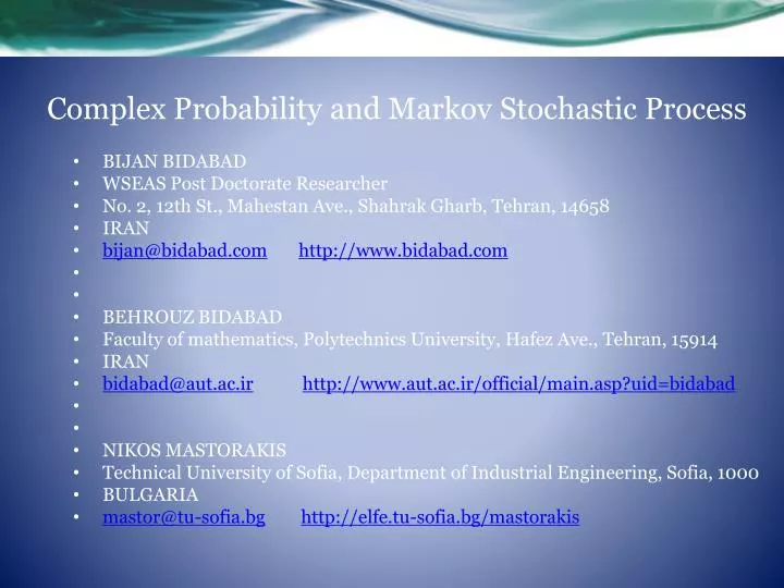 complex probability and markov stochastic process