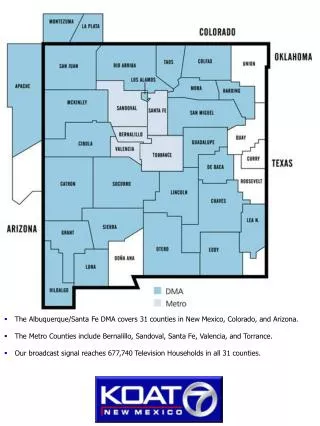 The Albuquerque/Santa Fe DMA covers 31 counties in New Mexico, Colorado, and Arizona.