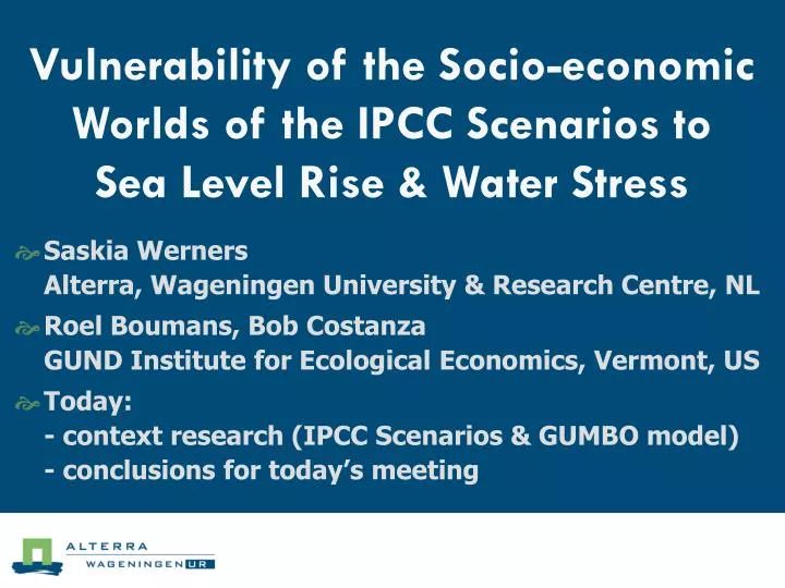 vulnerability of the socio economic worlds of the ipcc scenarios to sea level rise water stress