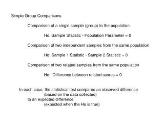 Simple Group Comparisons 	Comparison of a single sample (group) to the population