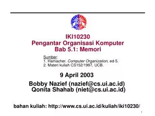 IKI10230 Pengantar Organisasi Komputer Bab 5.1: Memori