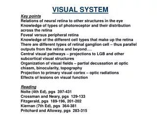 VISUAL SYSTEM Key points Relations of neural retina to other structures in the eye
