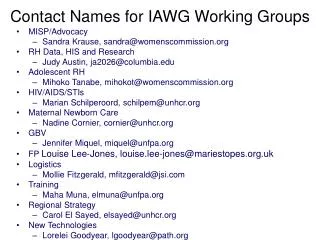 Contact Names for IAWG Working Groups