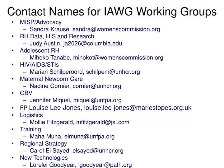 contact names for iawg working groups
