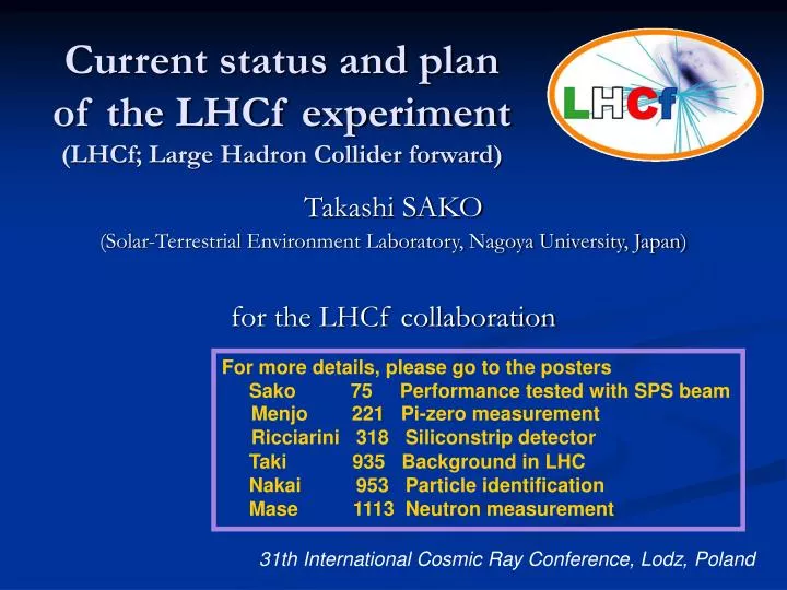 current status and plan of the lhcf experiment lhcf large hadron collider forward
