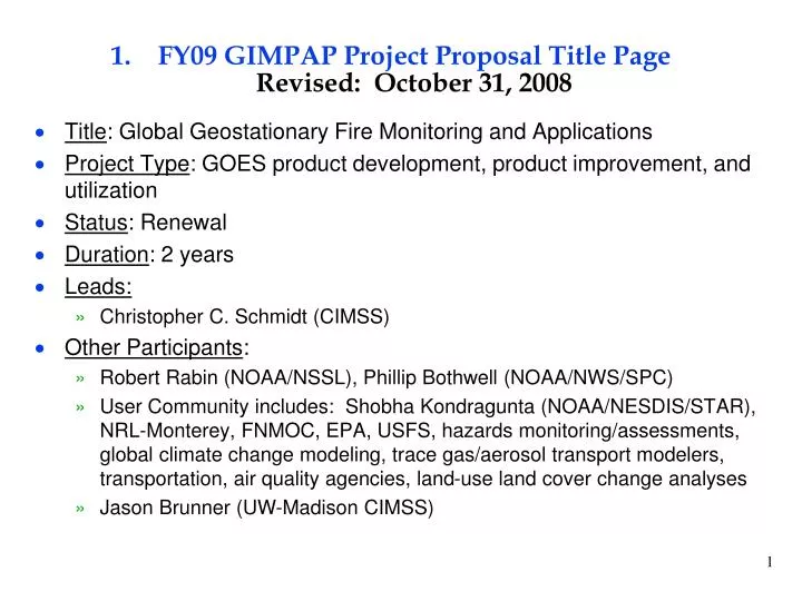 fy09 gimpap project proposal title page revised october 31 2008