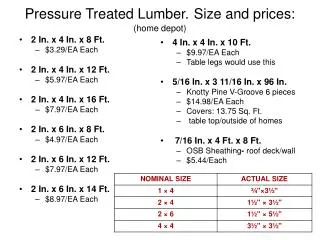 Pressure Treated Lumber. Size and prices: (home depot)