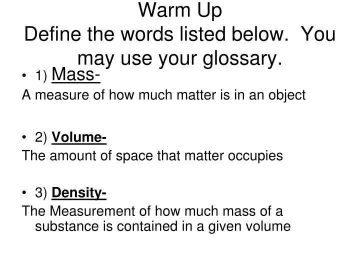 warm up define the words listed below you may use your glossary