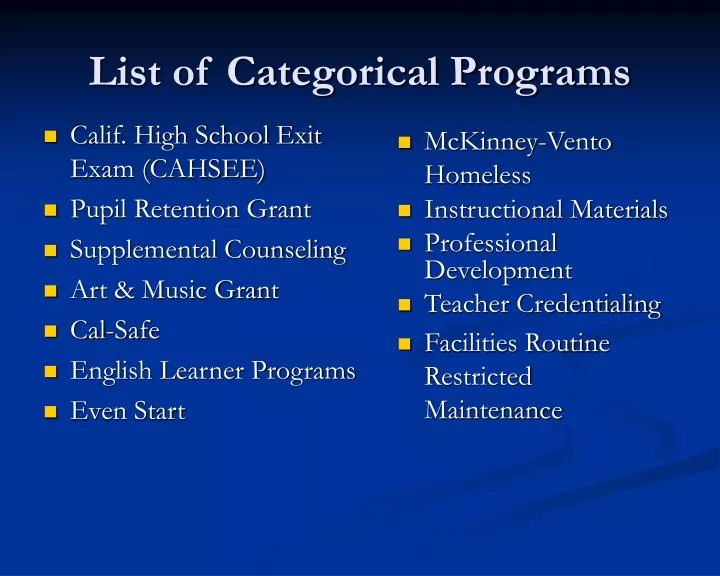 list of categorical programs