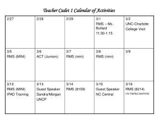 Teacher Cadet 1 Calendar of Activities