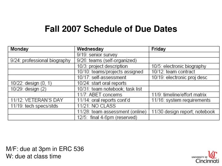 fall 2007 schedule of due dates