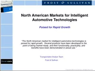 North American Markets for Intelligent Automotive Technologies Poised for Rapid Growth
