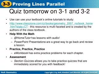 Quiz tomorrow on 3-1 and 3-2