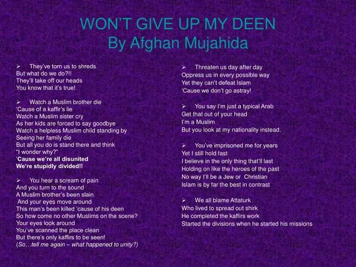 won t give up my deen by afghan mujahida