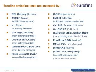 Eurofins emission tests are accepted by:
