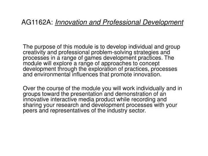 ag1162a innovation and professional development