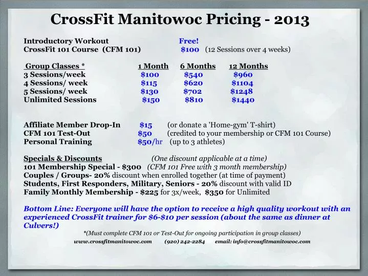 crossfit manitowoc pricing 2013