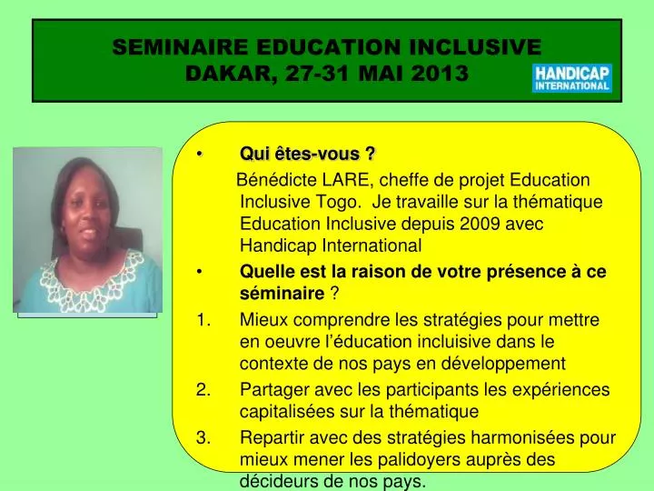 seminaire education inclusive dakar 27 31 mai 2013