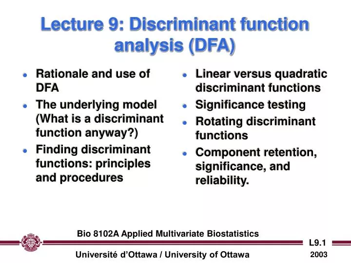 lecture 9 discriminant function analysis dfa